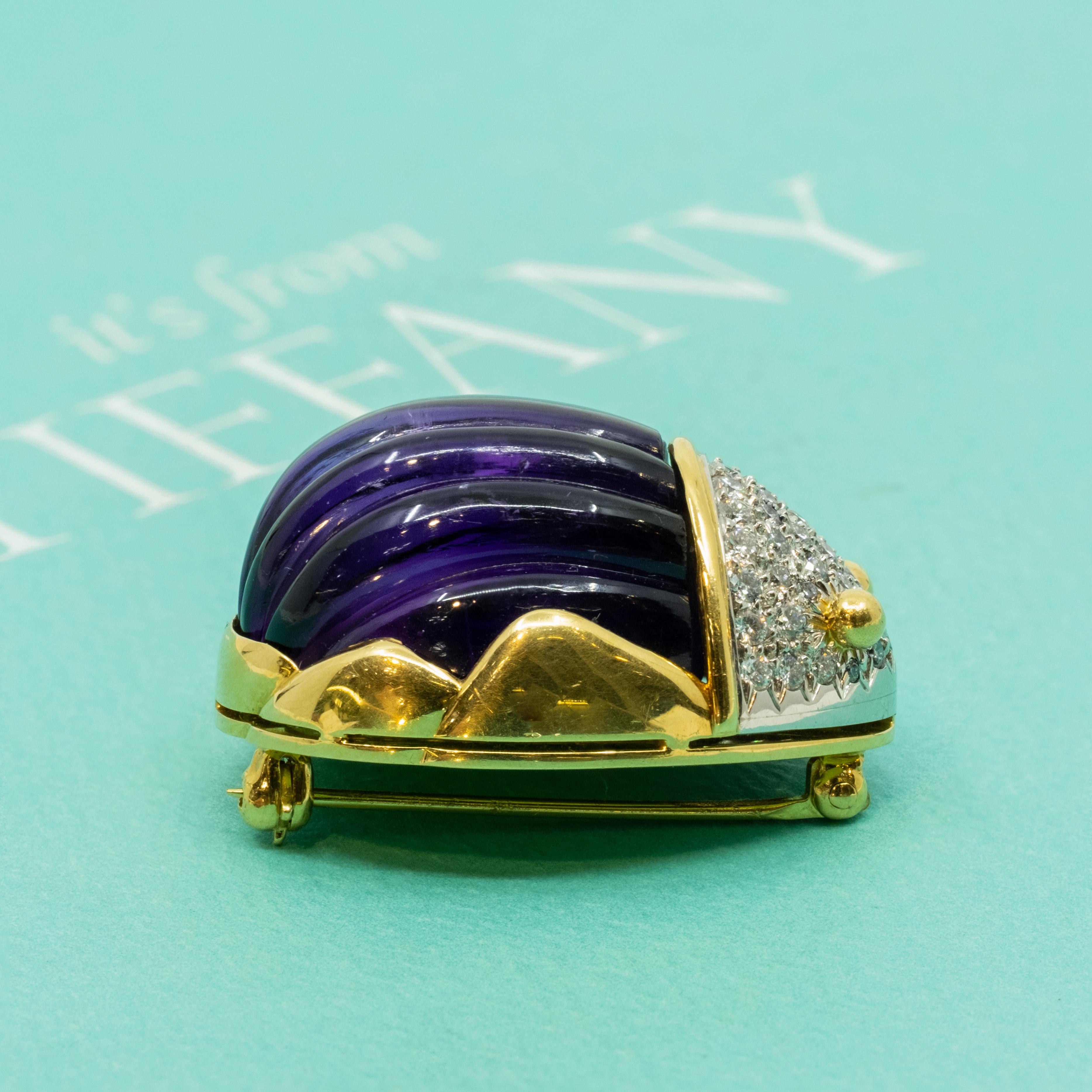 Modern Authentic TIFFANY & CO 18K Platinum Diamond Amethyst Scarab Brooch