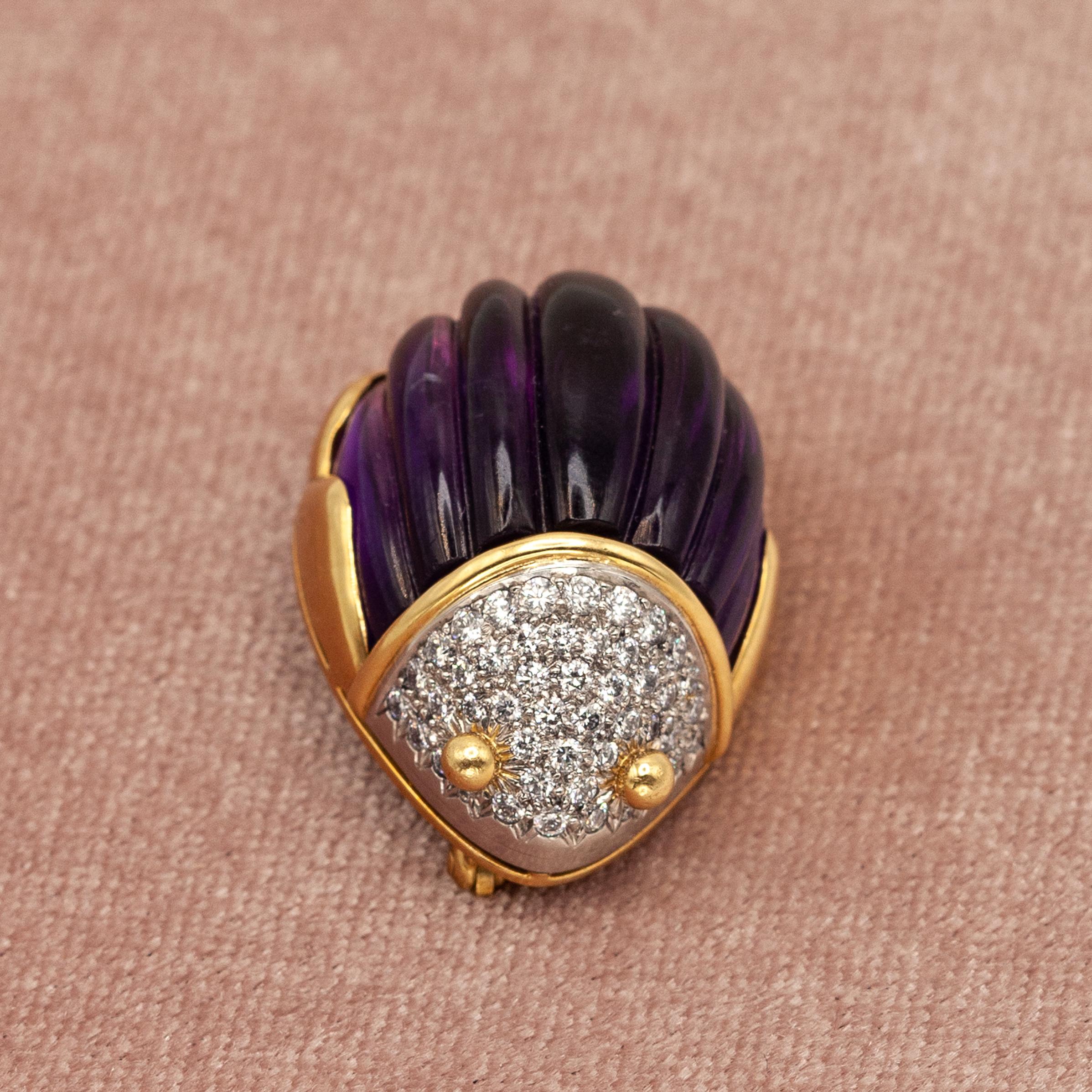 Brilliant Cut Authentic TIFFANY & CO 18K Platinum Diamond Amethyst Scarab Brooch