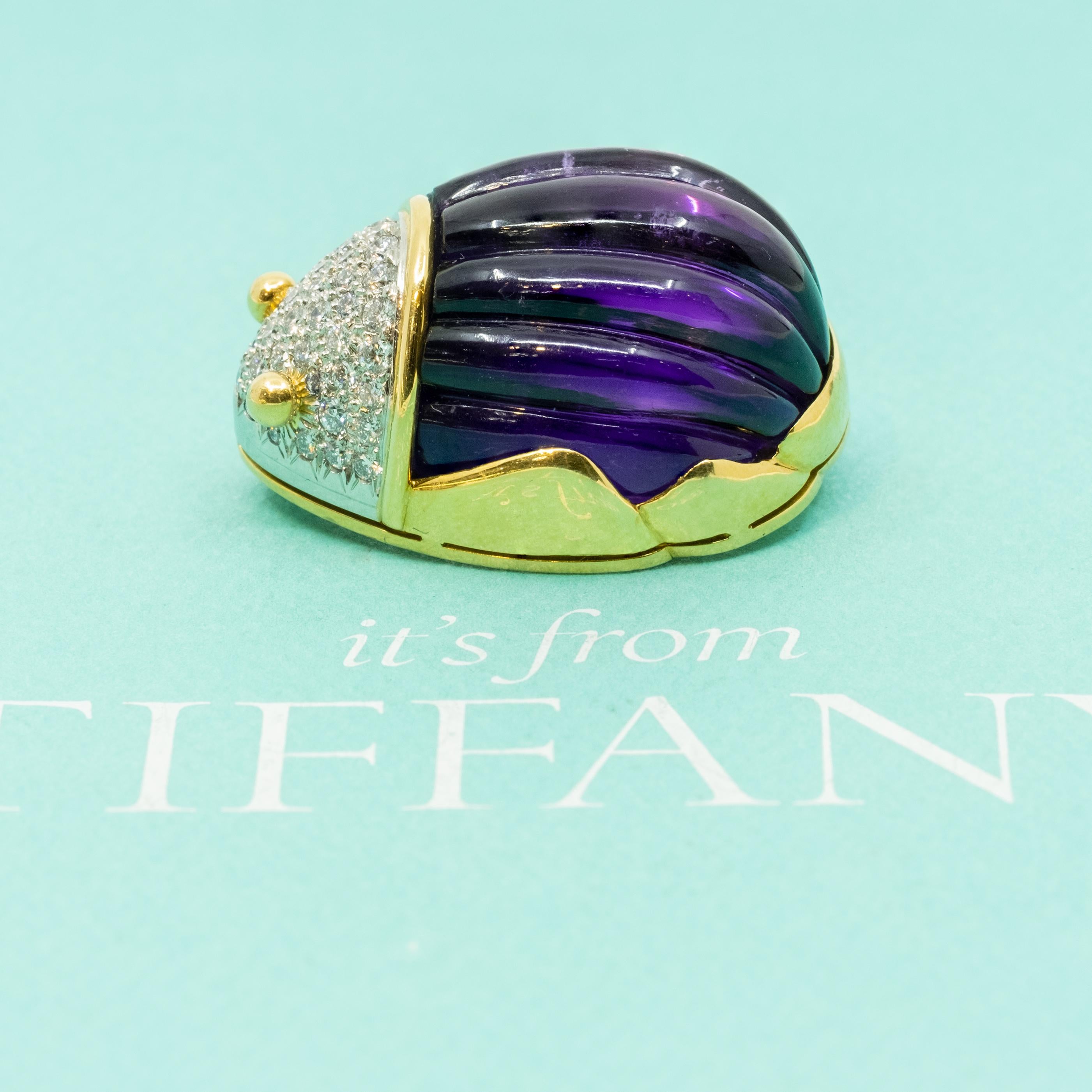 Women's or Men's Authentic TIFFANY & CO 18K Platinum Diamond Amethyst Scarab Brooch