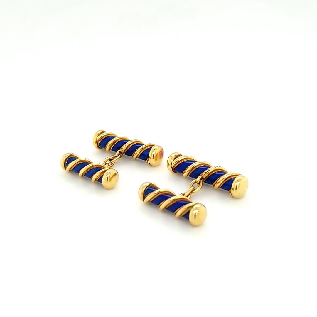Authentic Tiffany & Co. 18 Karat Gold Schlumberger Blue Navy Enamel Cufflinks In Excellent Condition In Los Angeles, CA