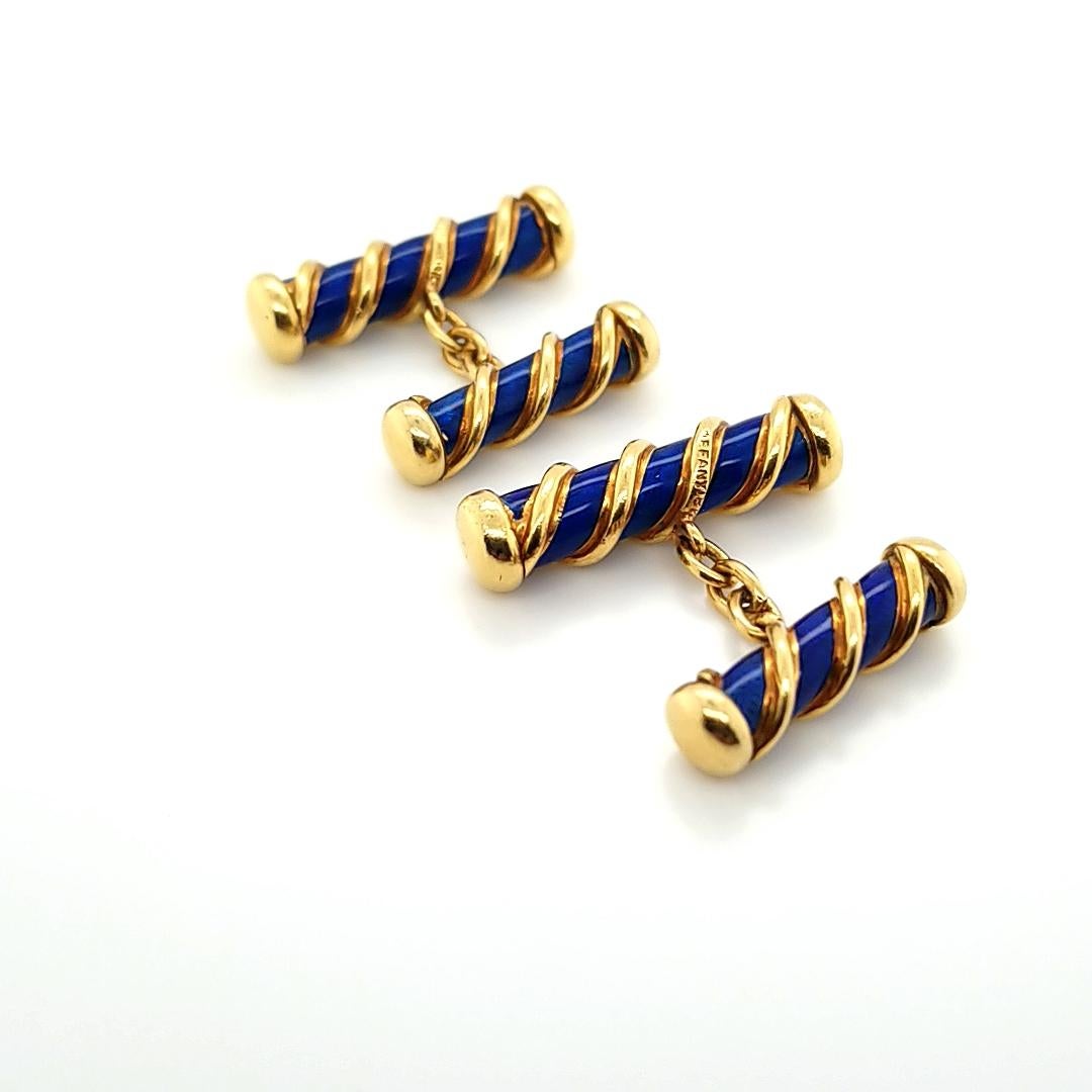 Women's or Men's Authentic Tiffany & Co. 18 Karat Gold Schlumberger Blue Navy Enamel Cufflinks