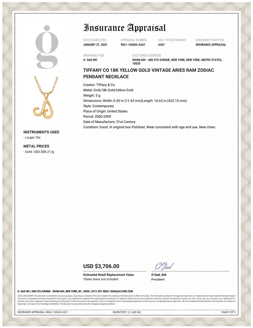 Elevate your jewelry collection with this exquisite Tiffany & Co. Aries Ram Zodiac Pendant Necklace, a perfect blend of timeless elegance and personal expression. Crafted from luxurious 18 Karat yellow gold, this piece is a testament to Tiffany &