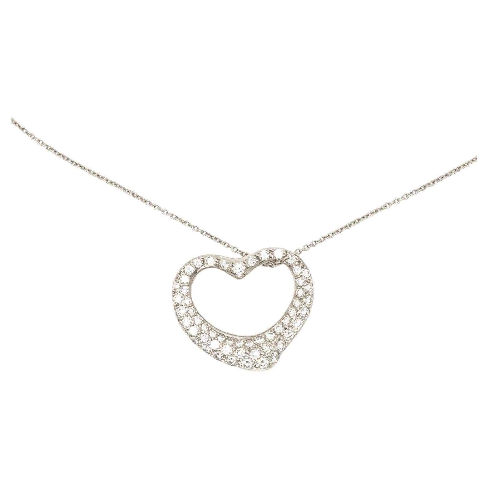 Pre-owned Tiffany & Co Peretti Platinum Diamond Open Heart Pendant Necklace