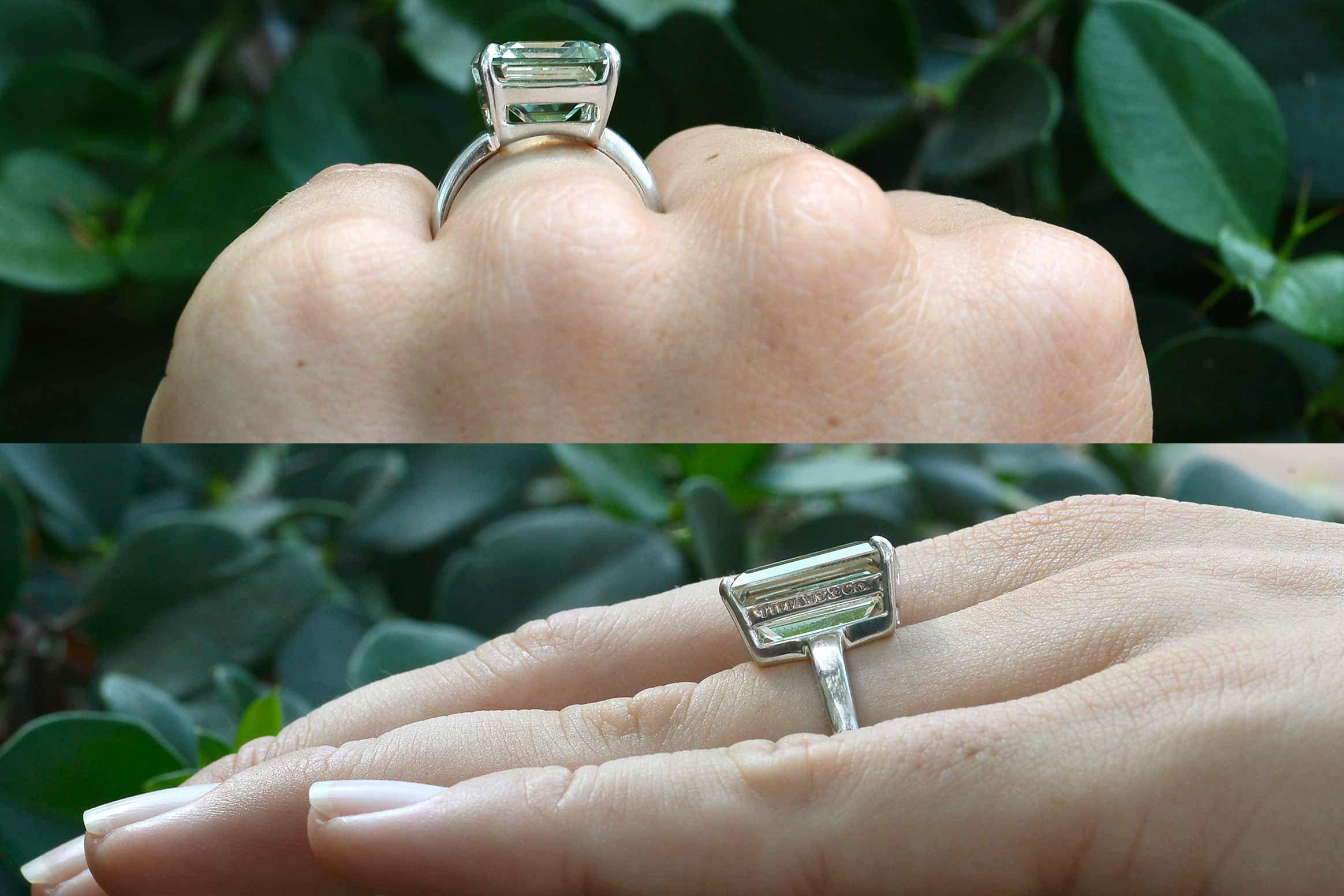 You will love wearing this Authentic Tiffany green amethyst cocktail ring. Set with a 10 carat emerald cut prasiolite gemstone (green amethyst) with a delightful pale green-aqua tone that is so soothing. The gem pairs nicely with the silver setting.