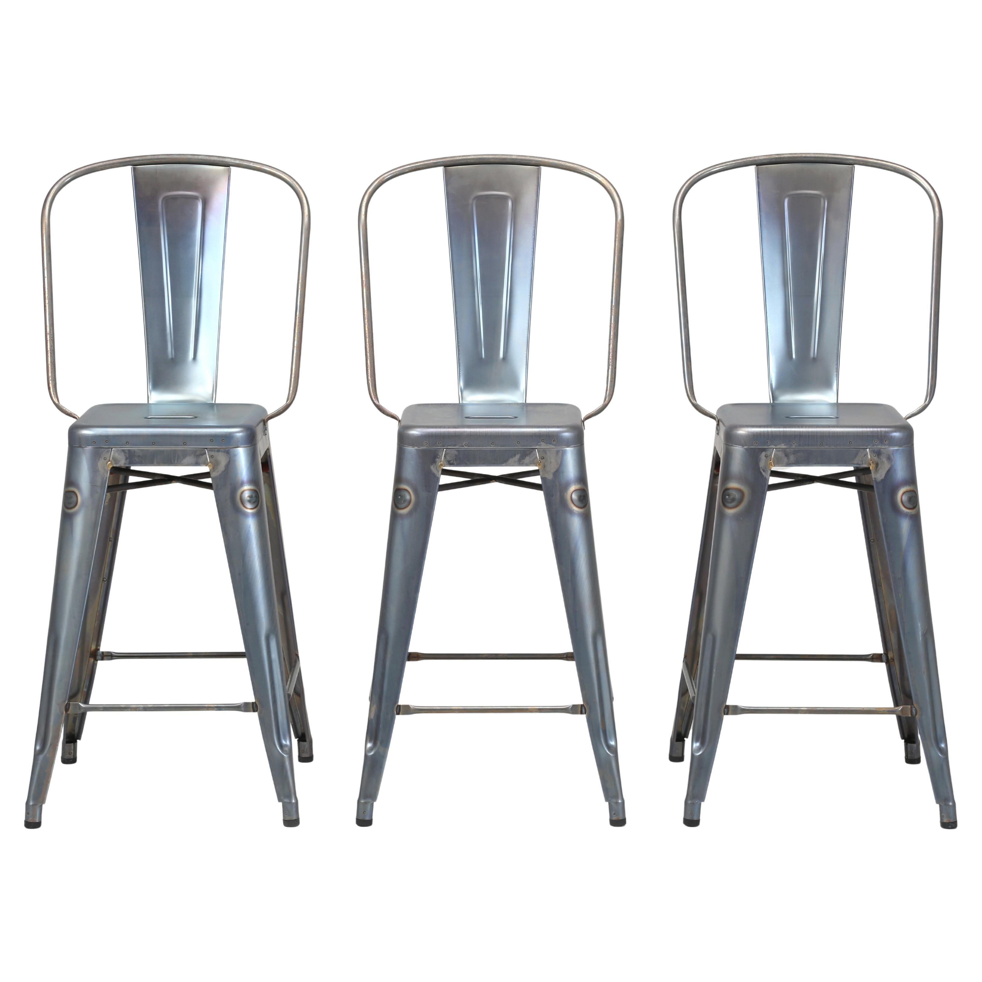 Auténtico Tolix Tabouret Azul Gris Acero Crudo Taburete Alto - Set (3) en venta