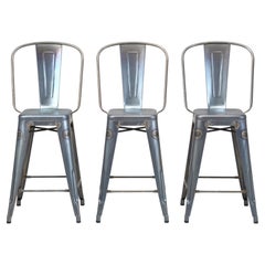 Authentic Tolix Tabouret Blue Grey Raw Steel High-Back Counter Stools- Set (3)