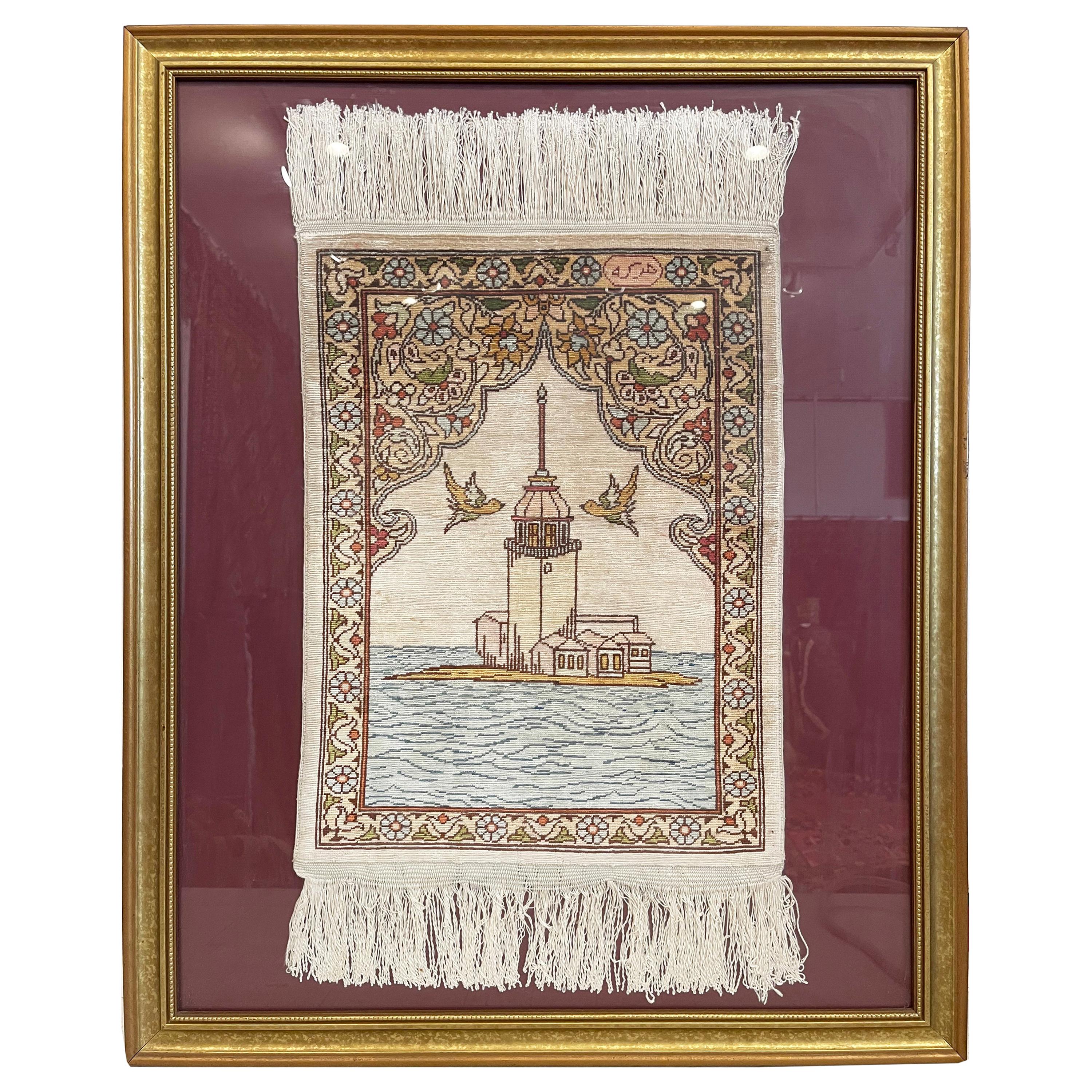Authentic Turkish Scenery Silk Hereke Rug Framed Signed