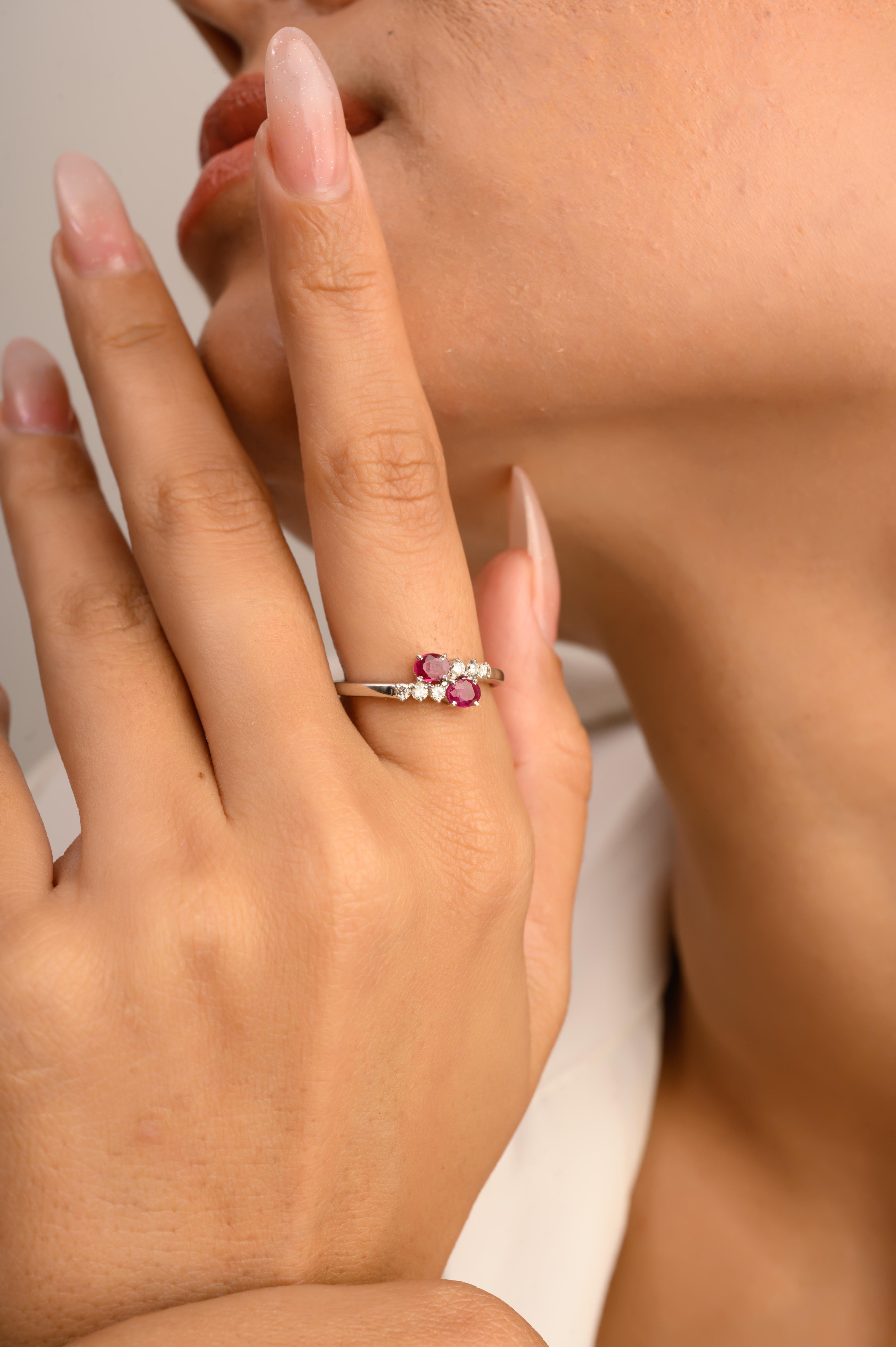 For Sale:  Authentic Ruby Two Stone Ring with Diamonds for Mom in 14k Solid White Gold 2