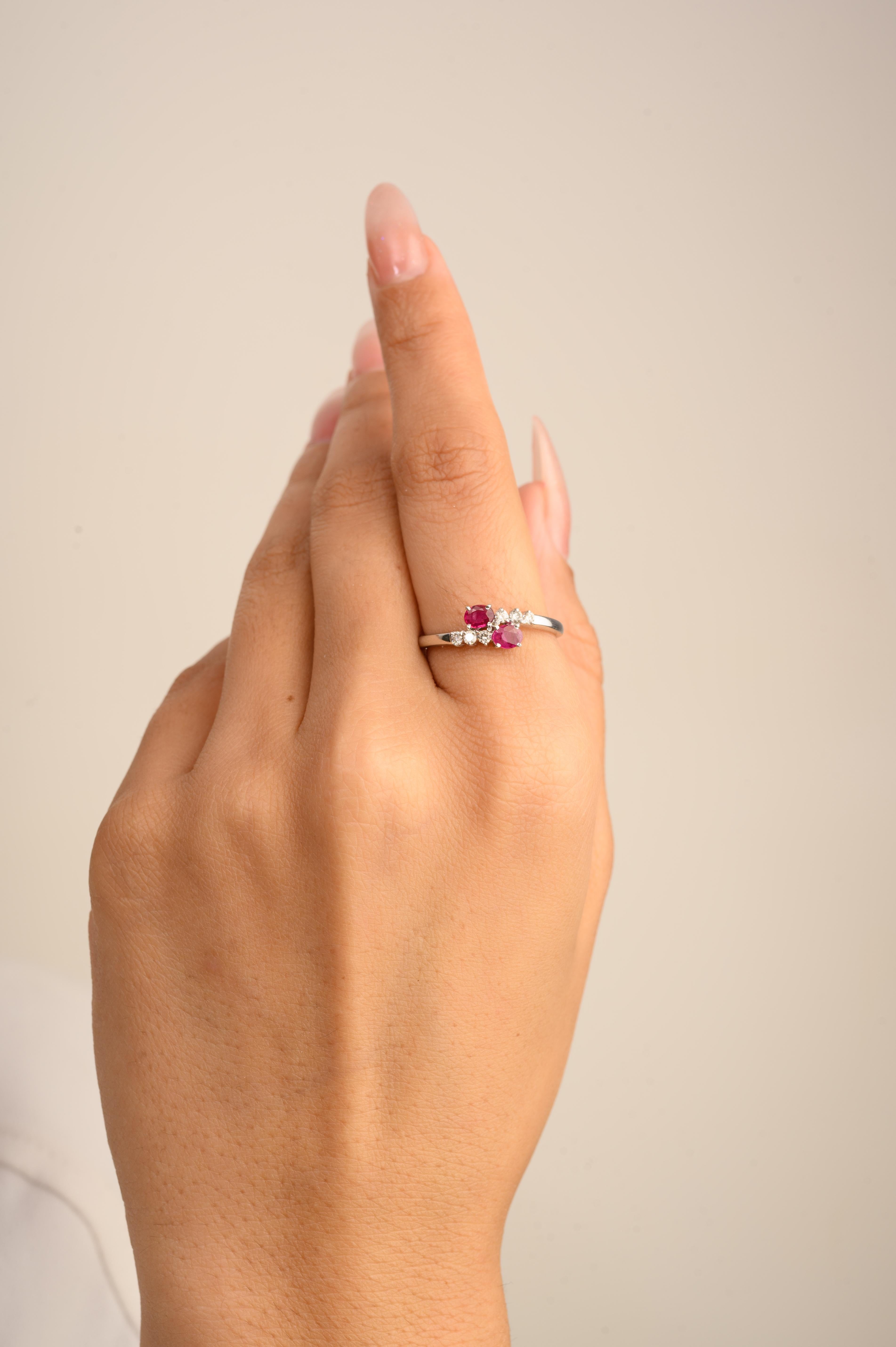 For Sale:  Authentic Ruby Two Stone Ring with Diamonds for Mom in 14k Solid White Gold 6