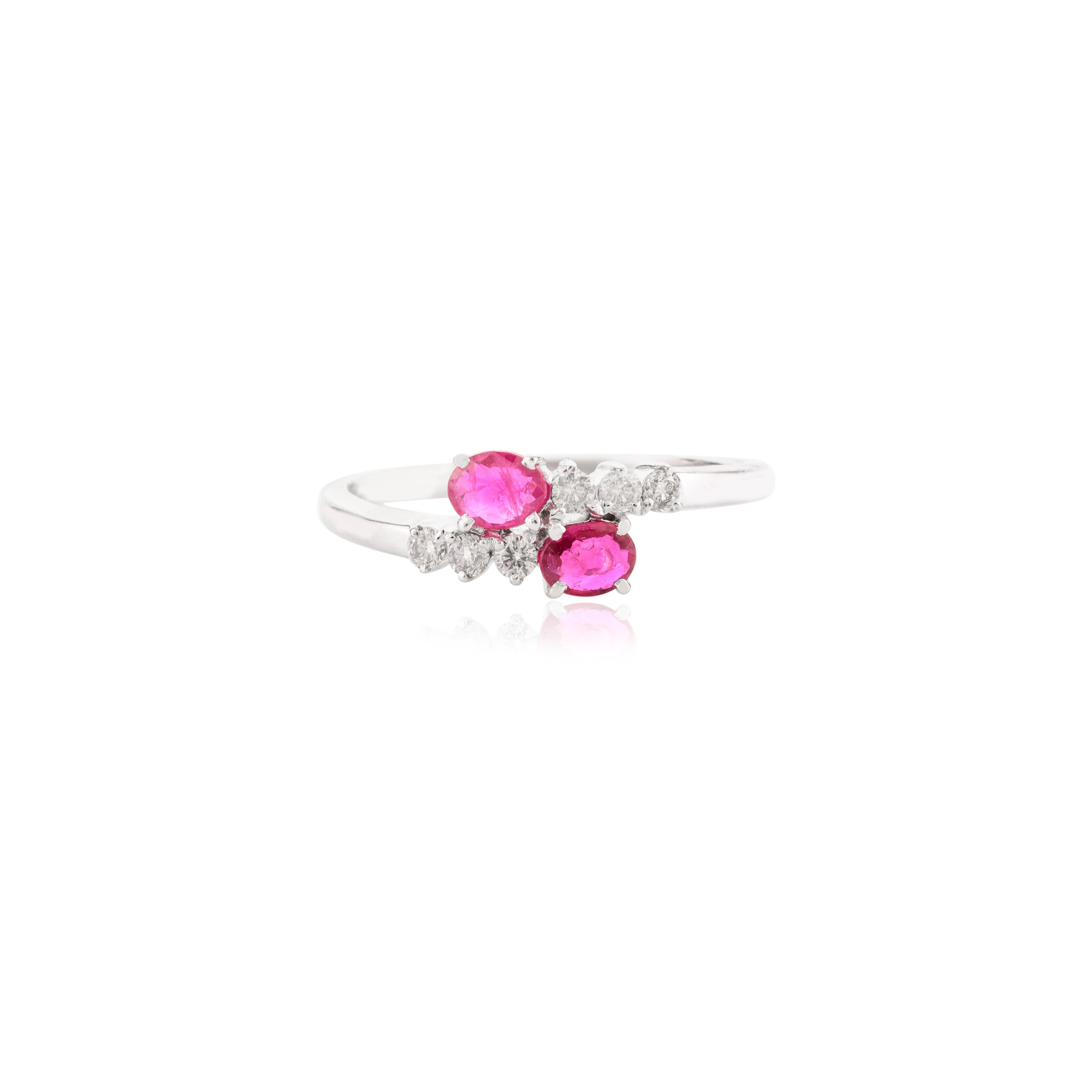 For Sale:  Authentic Ruby Two Stone Ring with Diamonds for Mom in 14k Solid White Gold 8