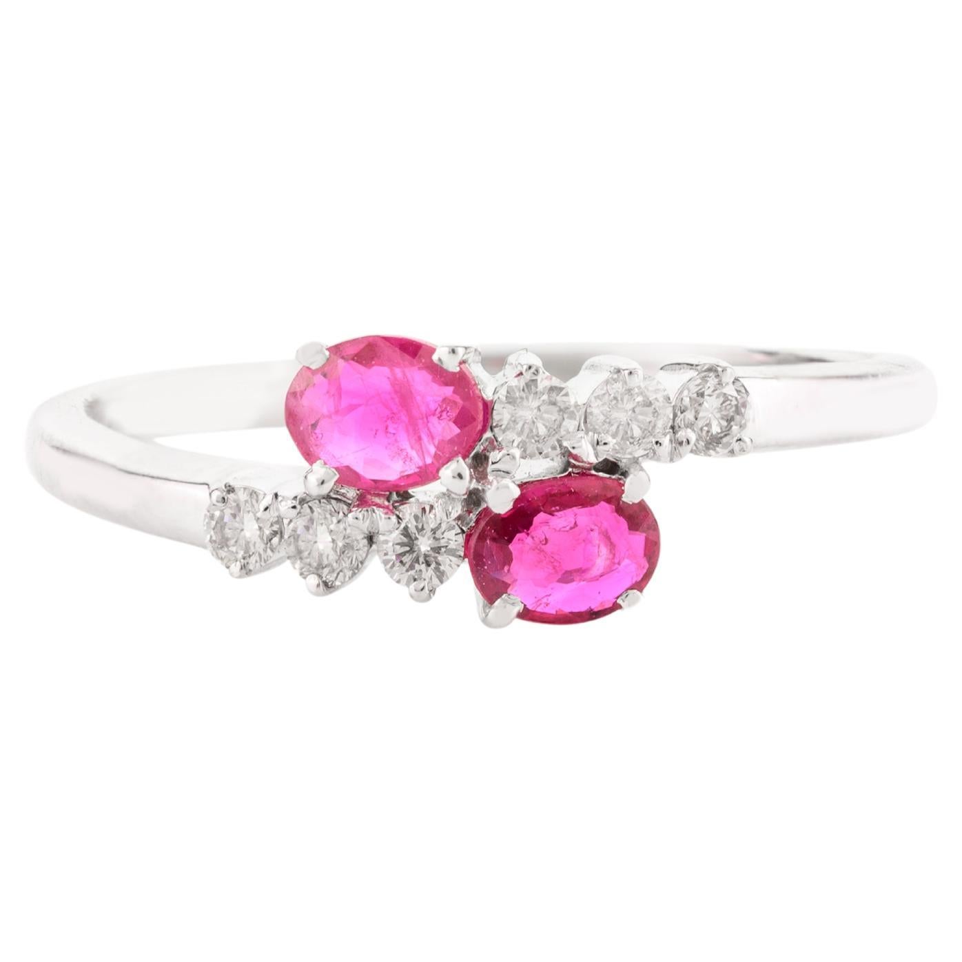 For Sale:  Authentic Ruby Two Stone Ring with Diamonds for Mom in 14k Solid White Gold