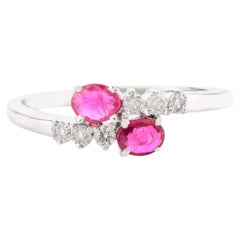 Bague authentique pour mère en or blanc massif 14 carats avec deux pierres en rubis et diamants
