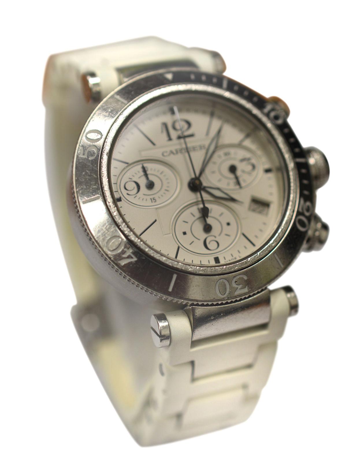 Modern Authentic Unisex Cartier Pasha Steel Date Quartz Chronograph Watch For Sale