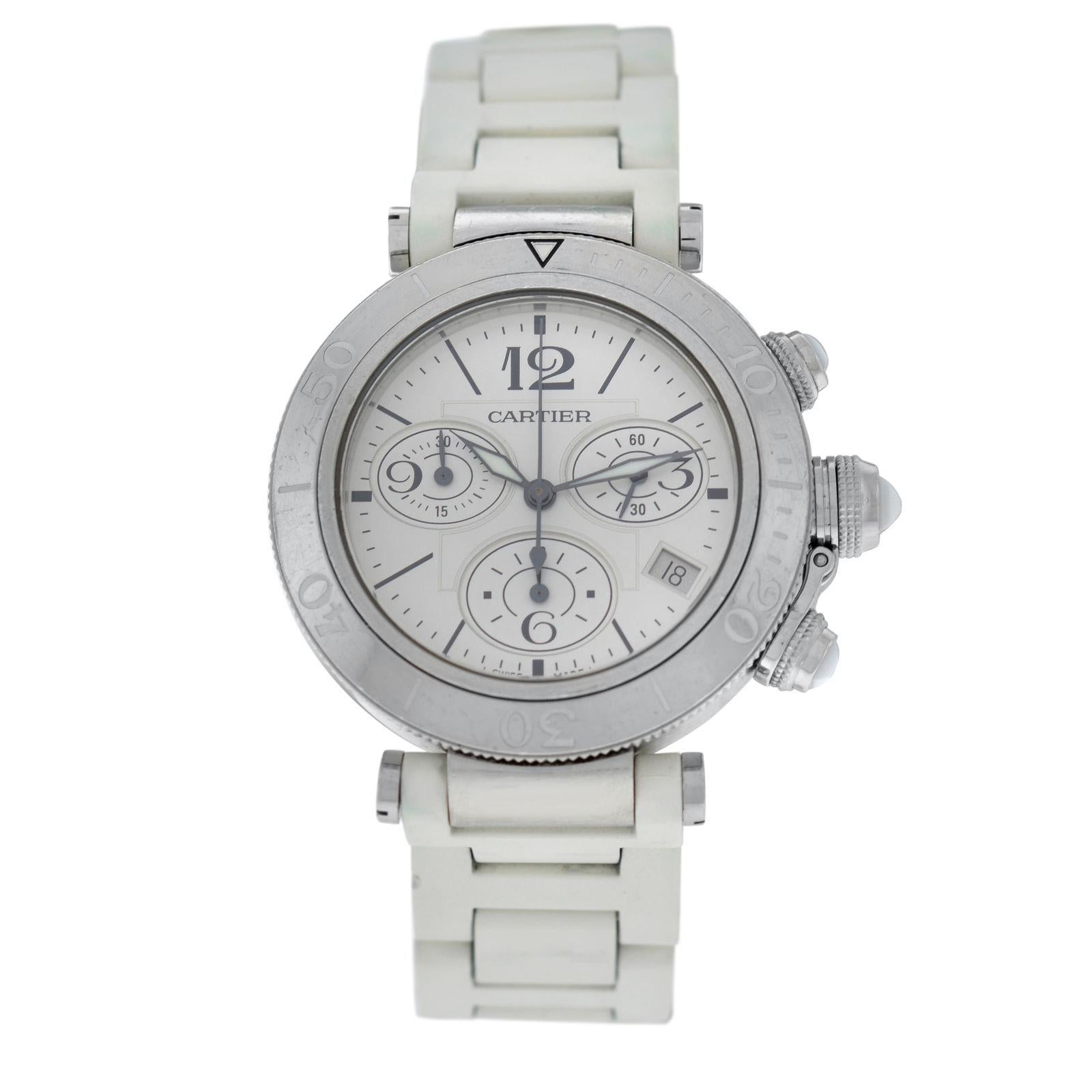 Authentic Unisex Cartier Pasha Steel Date Quartz Chronograph Watch For Sale