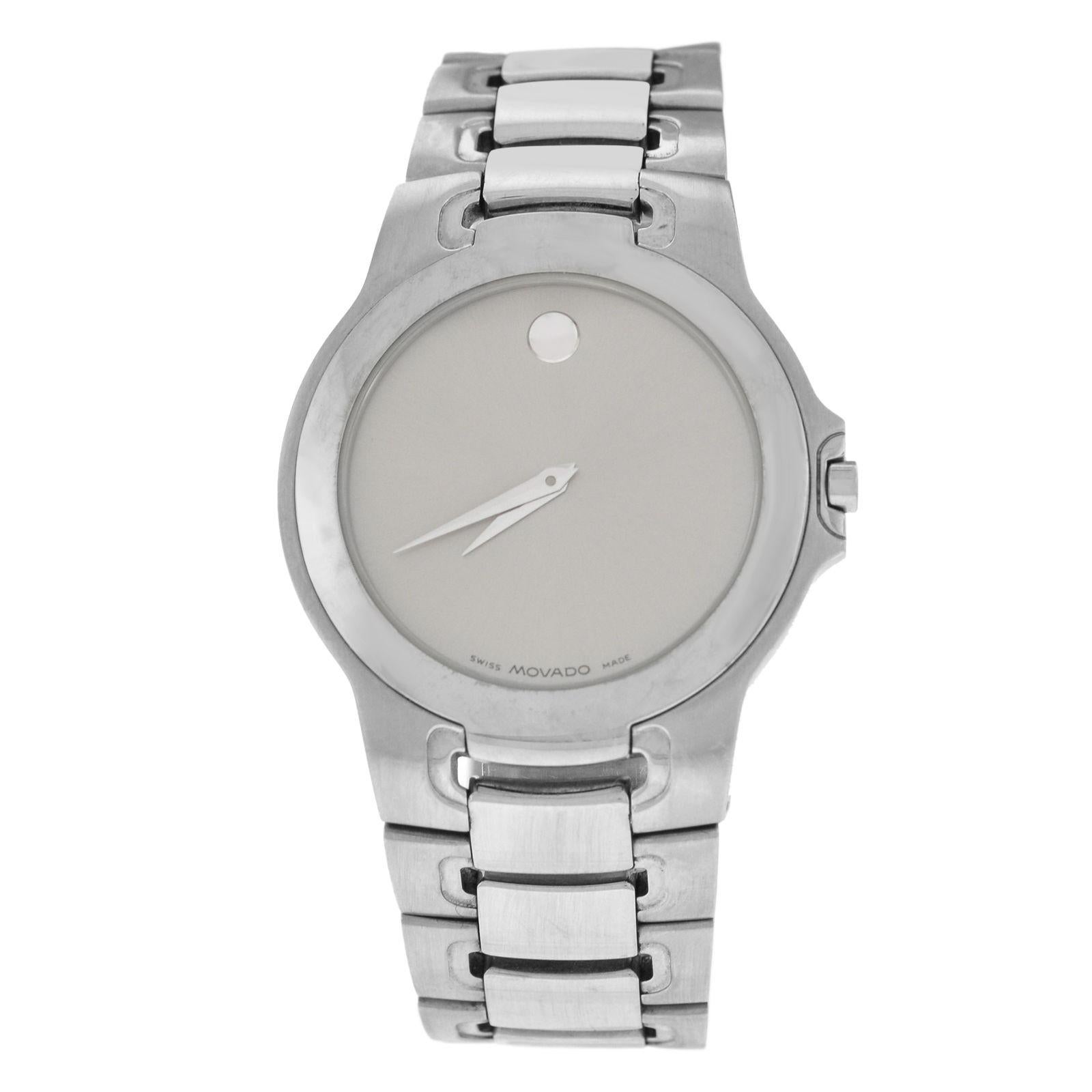 Authentic Unisex Movado Museum Steel Silver Dial Quart Watch For Sale