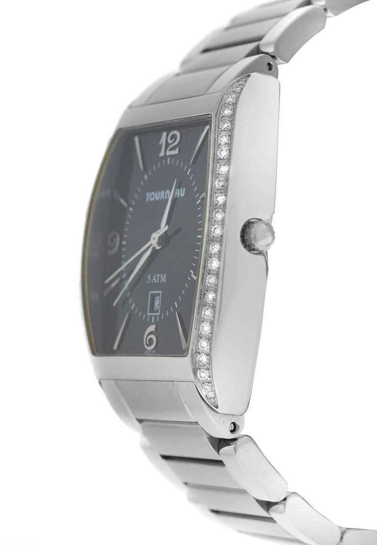 Authentic Unisex Tourneau Stainless Steel Diamond Date Quartz Watch For
