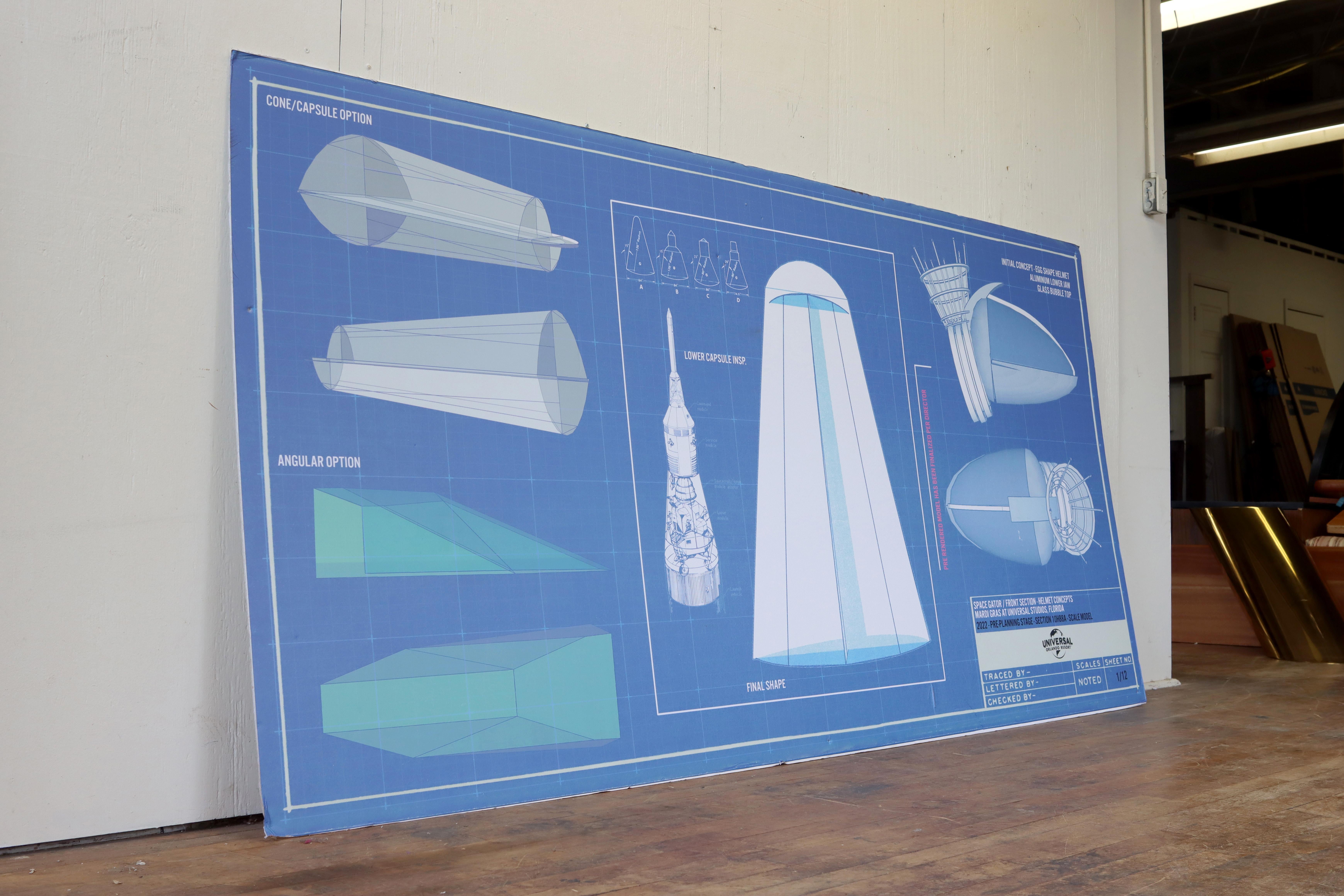 AN ORIGINAL PIECE OF UNIVERSAL STUDIOS MEMORABILIA.

This gigantic, one-of-a-kind float blueprint was designed by Universal Studios for the 2022 Mardi Gras celebration. Printed on an 8' by 4' poster foam board, the blueprint depicts the planning