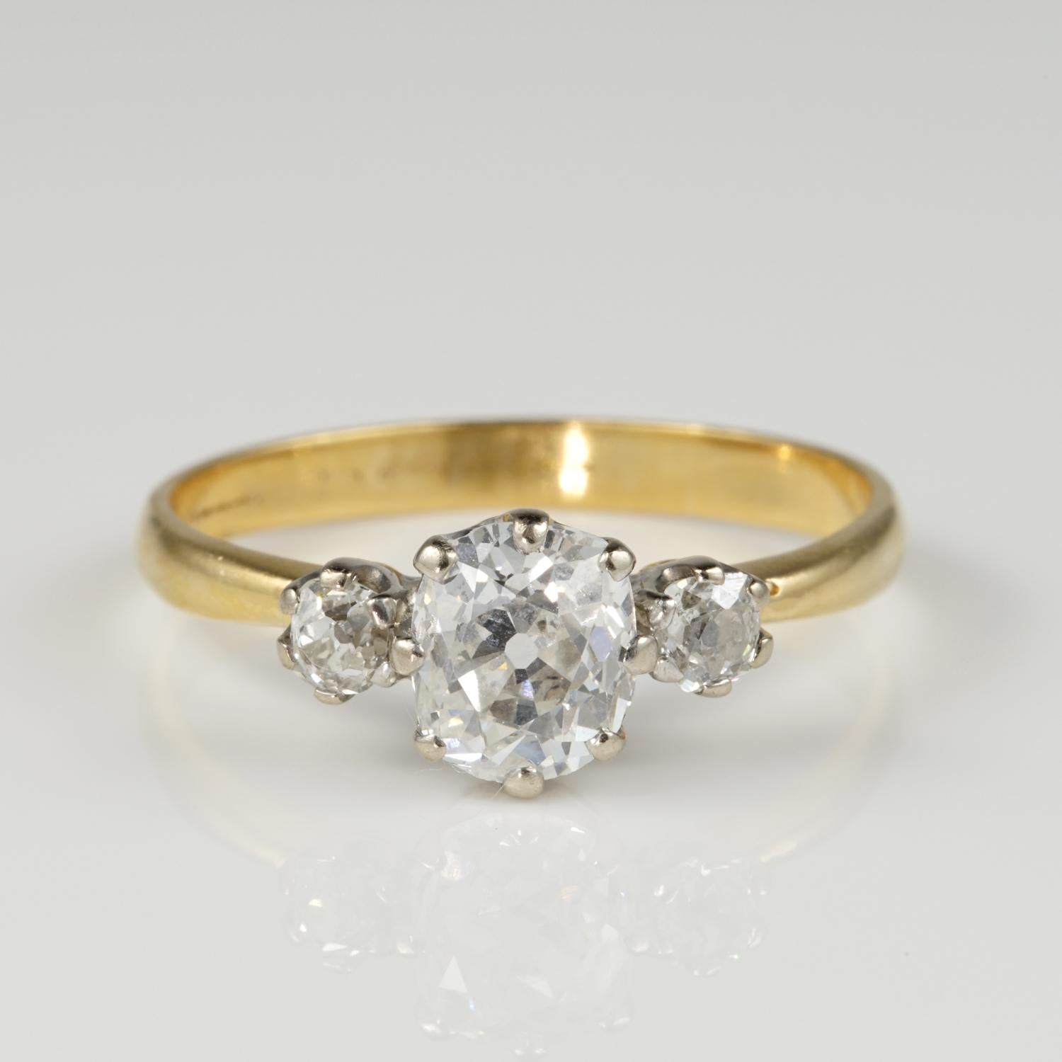 An authentic Victorian very well preserved, untouched condition; with a delightful essential mounting made of solid 18 KT gold and platinum prong work

Boasting a magnificent old mine cut Diamond of very good proportions, full of the amazing sparkle