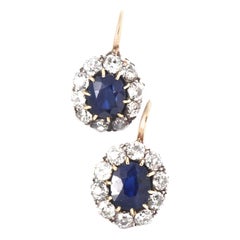 Antique Authentic Victorian GIA Certified Sapphire Diamond 14 Karat Gold Cluster Earring