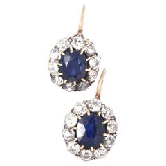 Authentic Victorian GIA Certified Sapphire Diamond 14 Karat Gold Cluster Earring