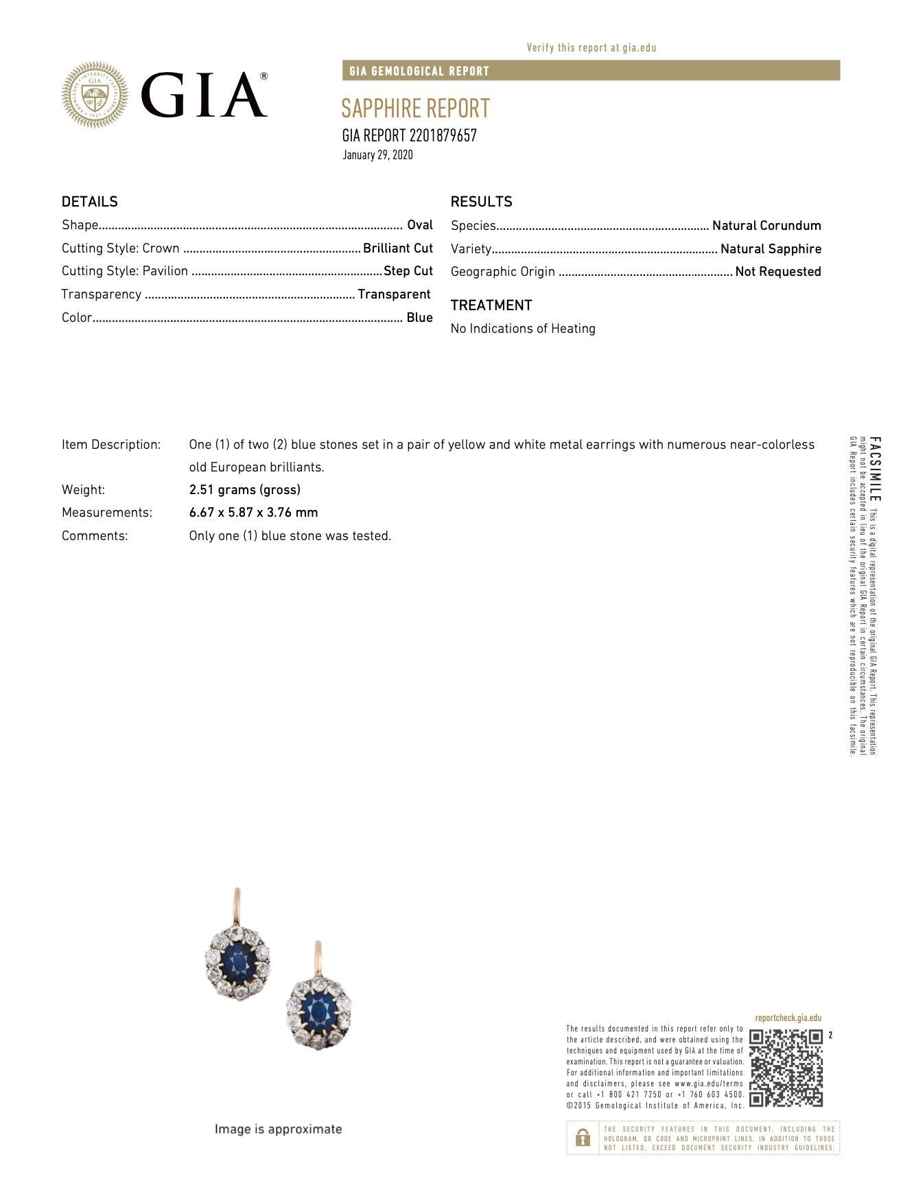 Women's Authentic Victorian GIA Certified Sapphire Diamond 14 Karat Gold Cluster Earring
