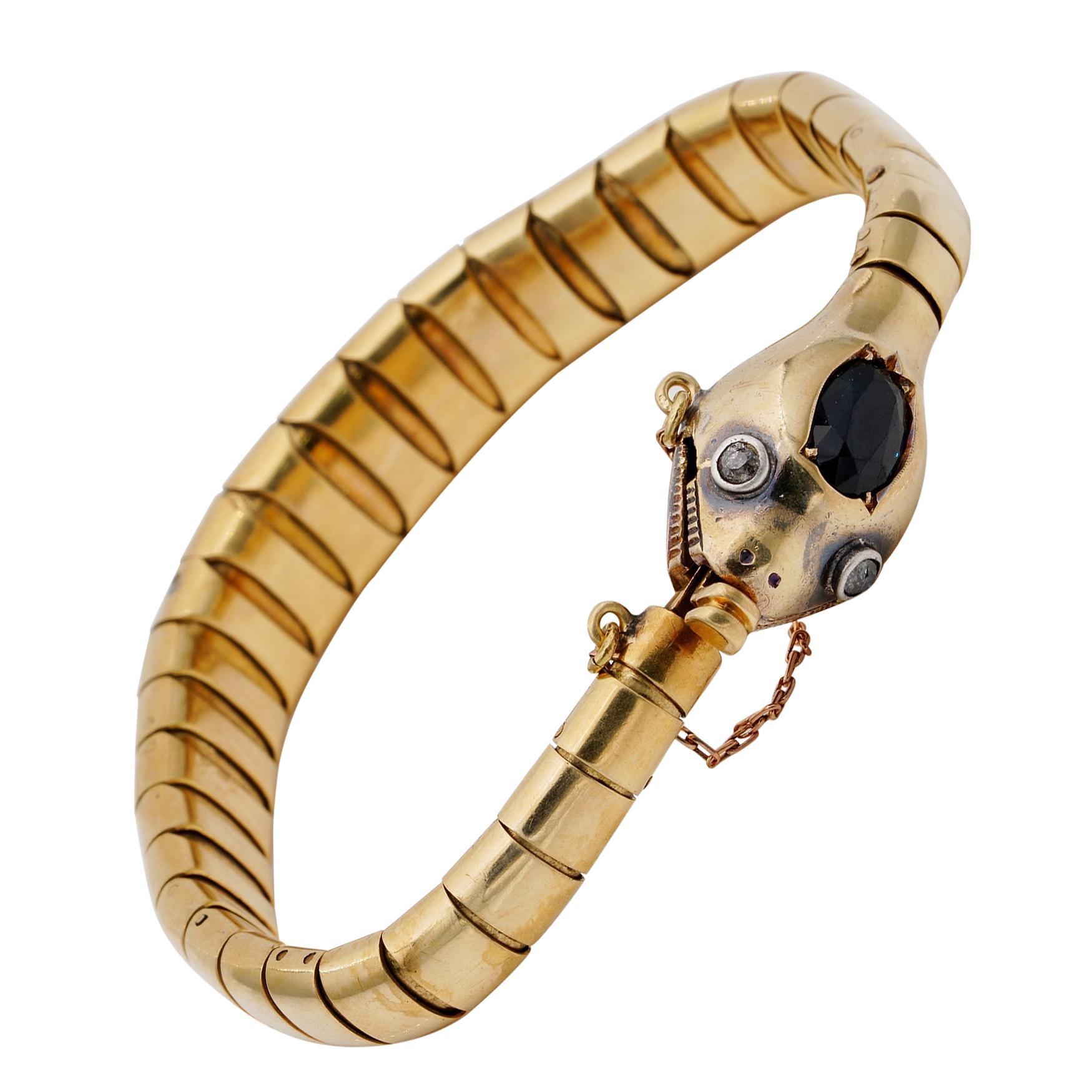 Authentic Victorian Sapphire Diamond Snake 41.3 Grams 18 Karat Gold Bracelet