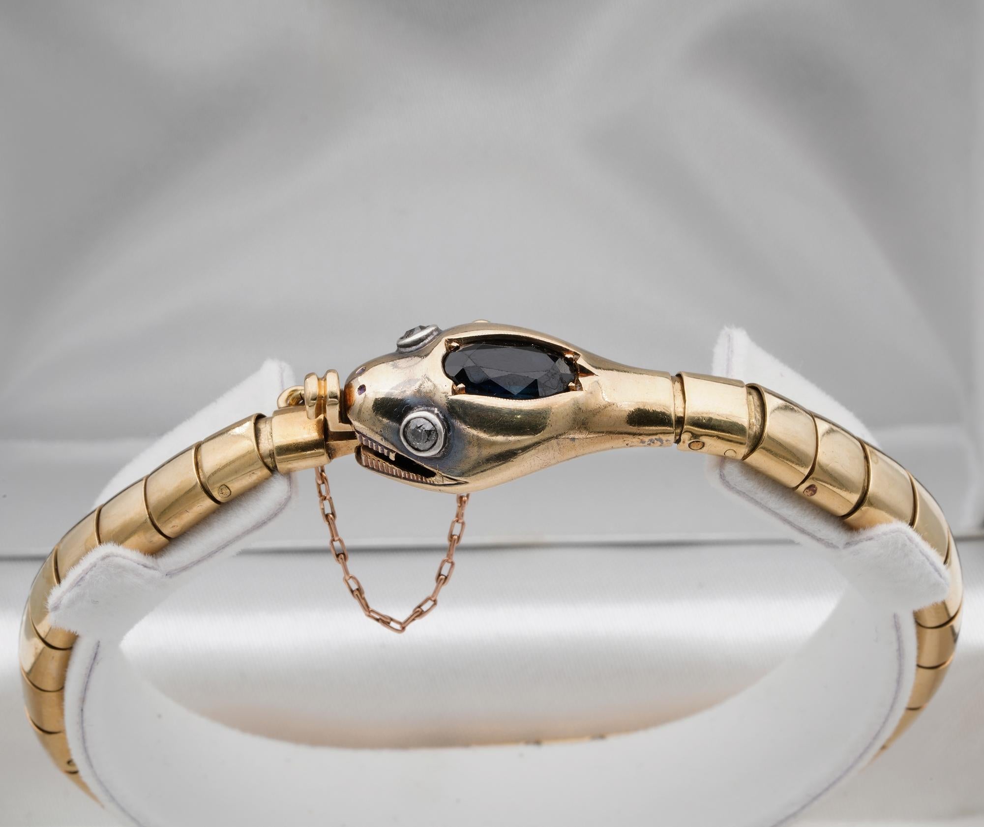 Authentic Victorian Sapphire Diamond Snake 41.3 Grams 18 Karat Gold Bracelet In Good Condition In Napoli, IT