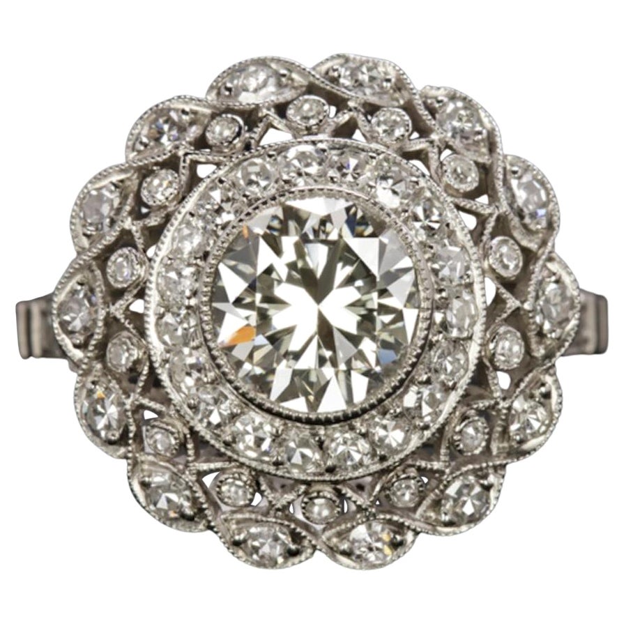 Authentique bague vintage en platine avec diamant européen ancien de 1.30 carats