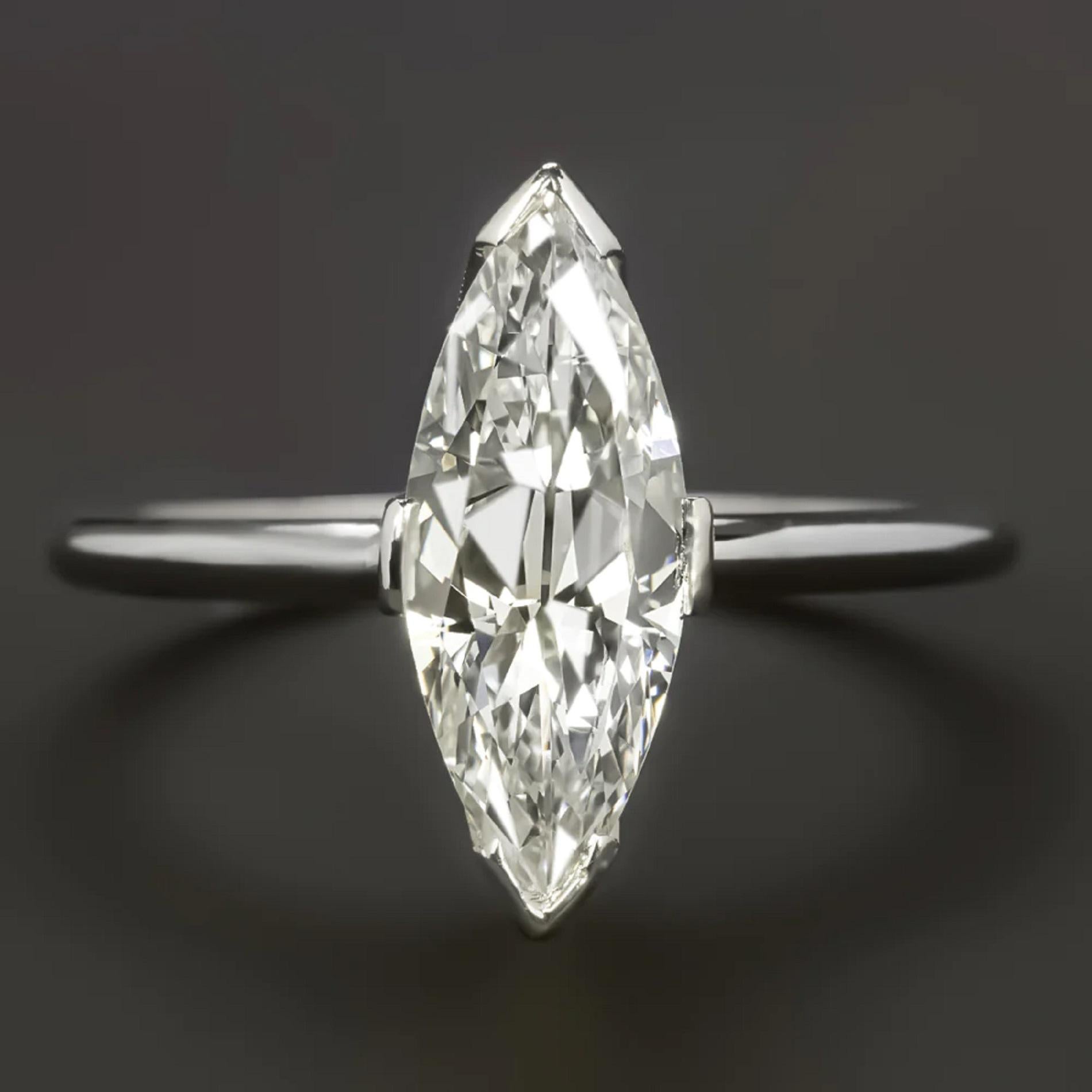 Art Deco Authentic Vintage 1.86 Carat Marquise Cut Diamond Ring For Sale