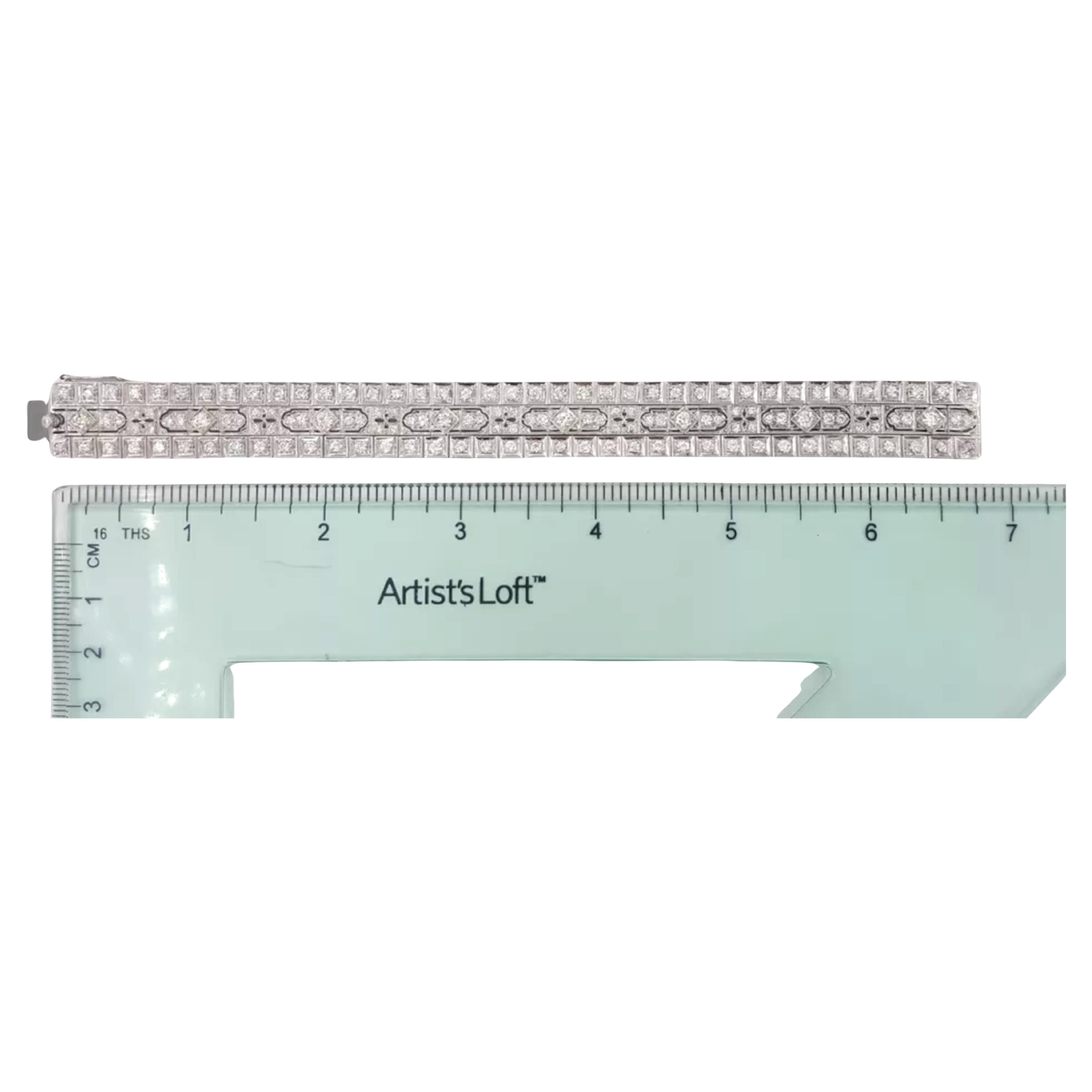vintage tennis bracelet is a beautiful piece with notable details about its quality and craftsmanship. The combination of 14K white gold and platinum is typical for the era, emphasizing durability alongside a classic aesthetic. The bracelet contains