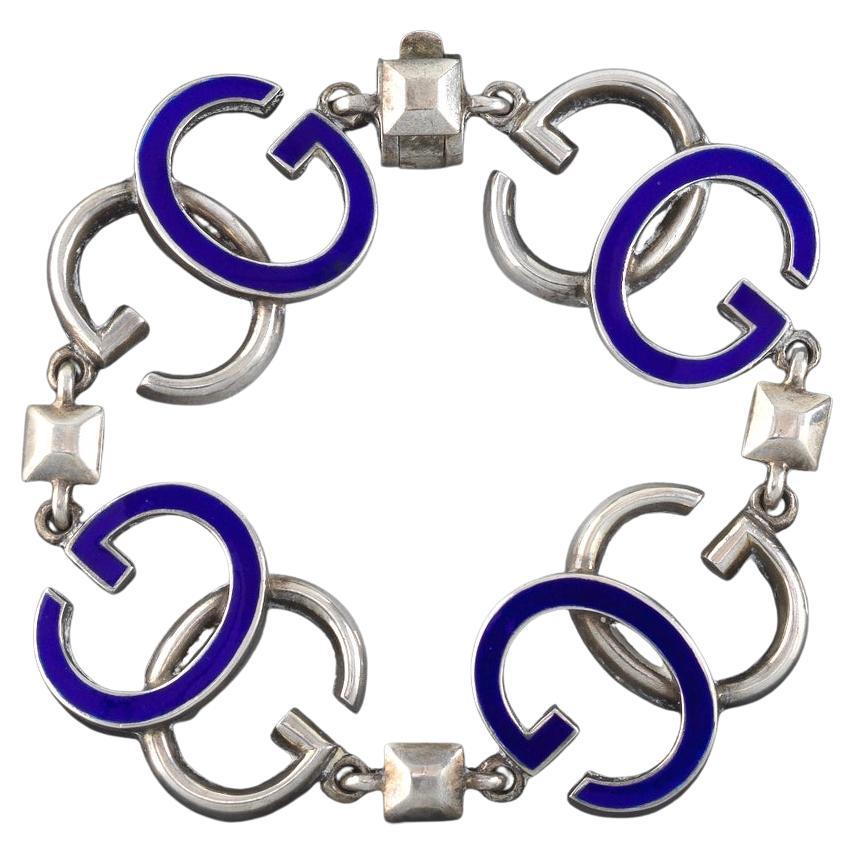 Authentic Vintage 1960s Gucci Sterling Silver and Enamel G Logo Unisex Bracelet For Sale