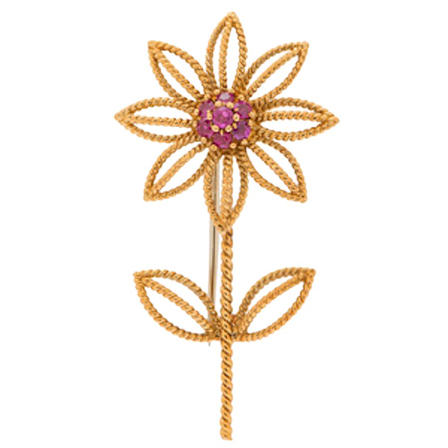 Authentic Vintage 1960s Tiffany & Co 18 Karat Gold Flower Brooch with Rubies