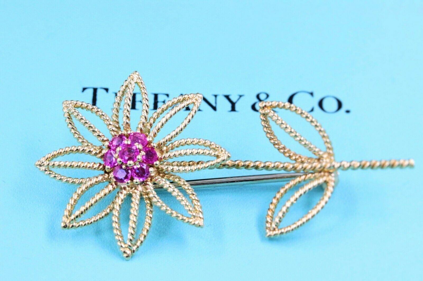 Authentic Vintage 1960s Tiffany & Co 18 Karat Gold Flower Brooch with Rubies 6