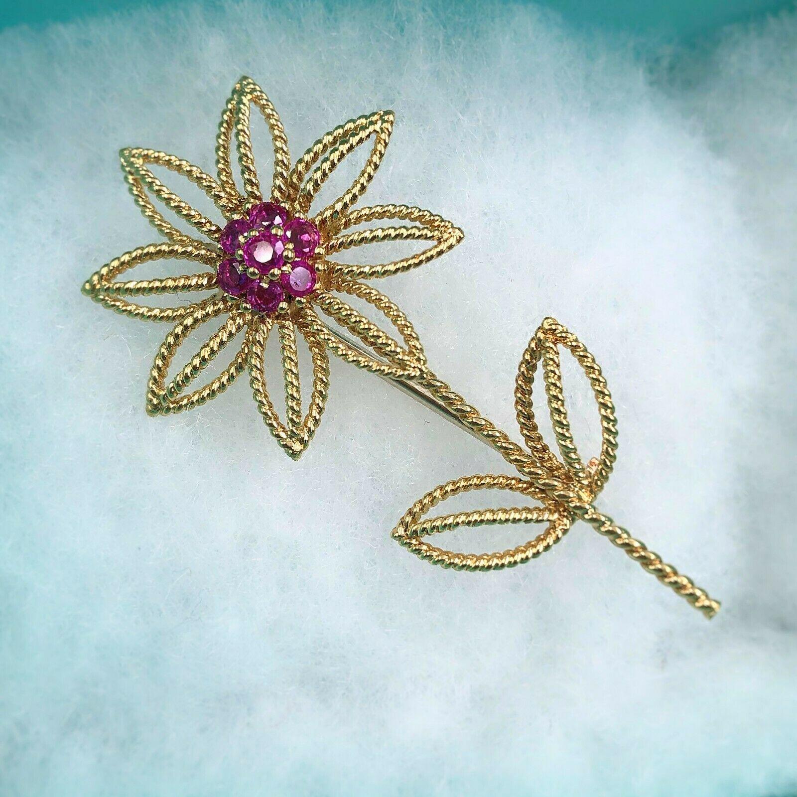 Round Cut Authentic Vintage 1960s Tiffany & Co 18 Karat Gold Flower Brooch with Rubies