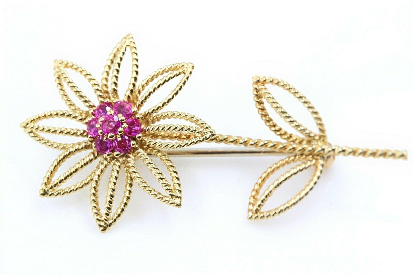 Authentic Vintage 1960s Tiffany & Co 18 Karat Gold Flower Brooch with Rubies 3