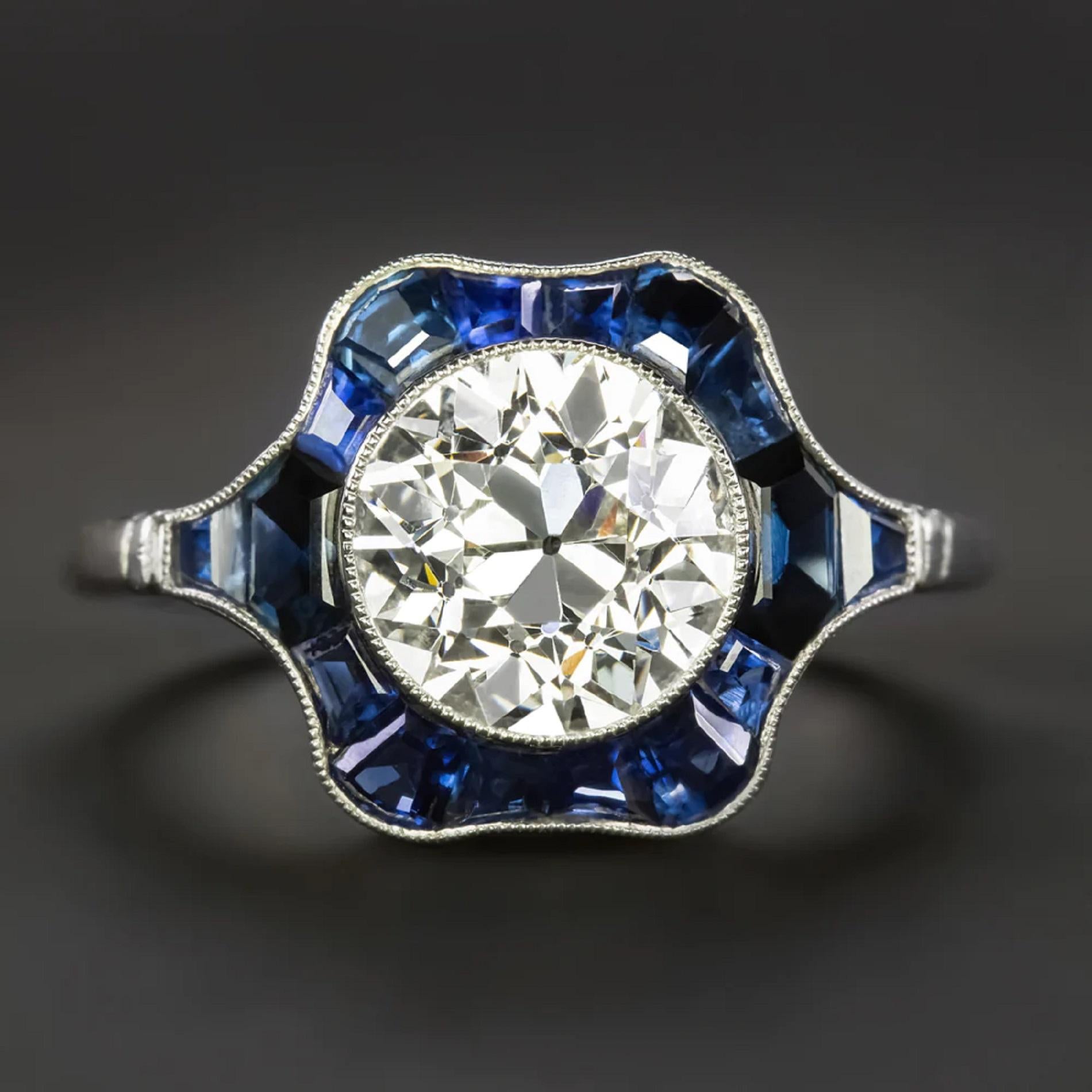 Authentischer Platinring mit 2,27 Karat alteuropäischem Diamanten und blauem Saphir im Vintage-Stil (Art déco) im Angebot