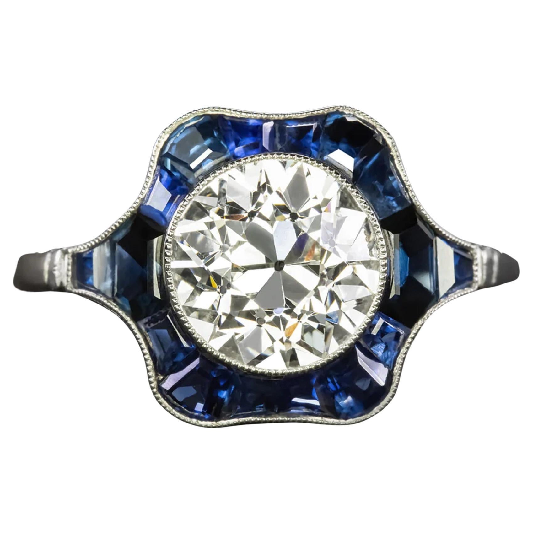 Authentique bague vintage en platine avec saphir bleu et diamant européen ancien de 2,27 carats