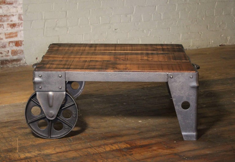 American Authentic Vintage Industrial Cart Coffee Table Factory Shop Wood Steel and Iron For Sale