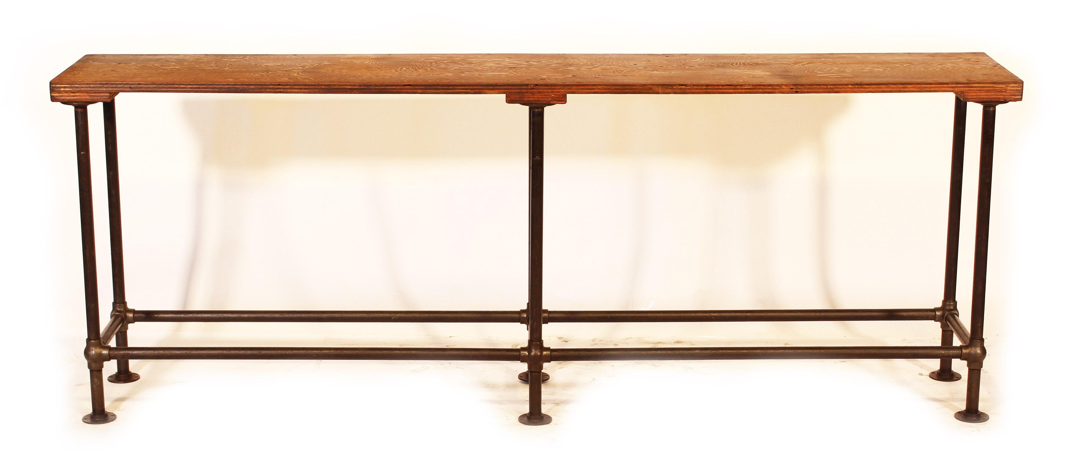 Vintage Industrial display / sofa table made from plywood, steel and cast iron, circa 1940s, as the joints are cast iron 