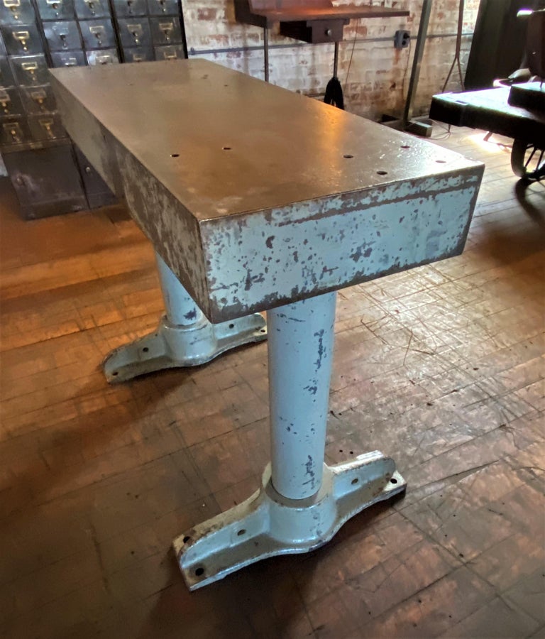 Authentic Vintage Industrial Cast Iron Work Console Table In Distressed Condition In Oakville, CT