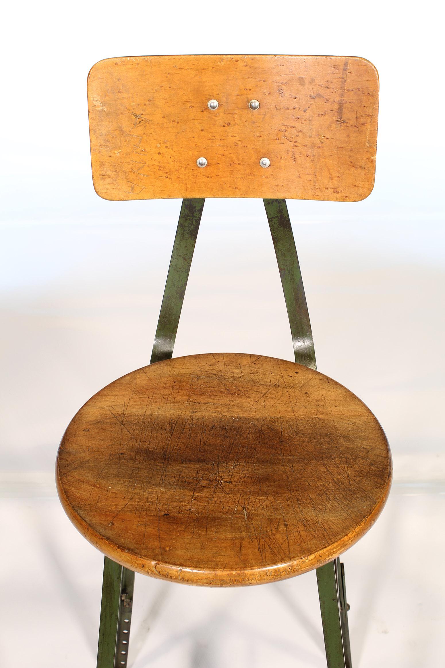 Authentic vintage factory industrial stool. Made from wood and steel. Distressed army green original paint. Seat diameter - 15