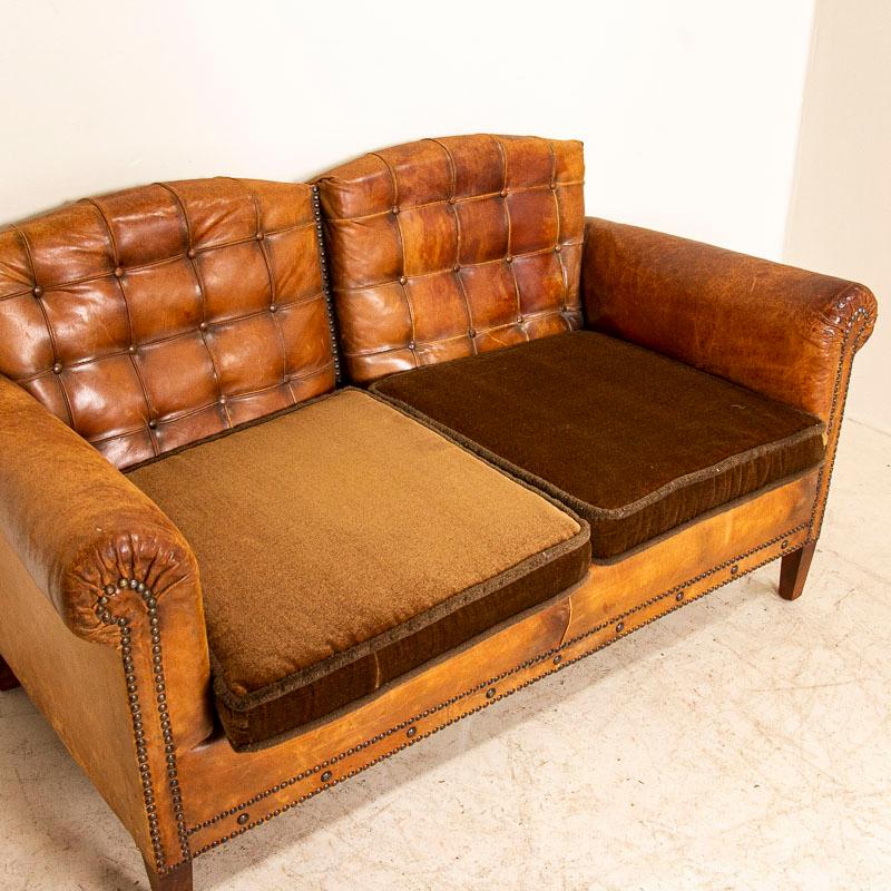 Authentic Vintage Leather Club Chair and Loveseat from Sweden In Good Condition In Round Top, TX