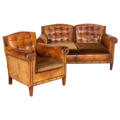Authentic Vintage Leather Club Chair and Loveseat from Sweden