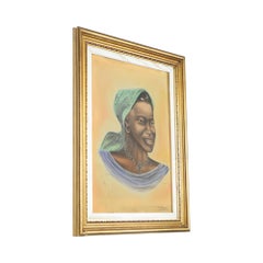 Authentic Vintage Painting Portrait on Canvas Woman Congo 1958