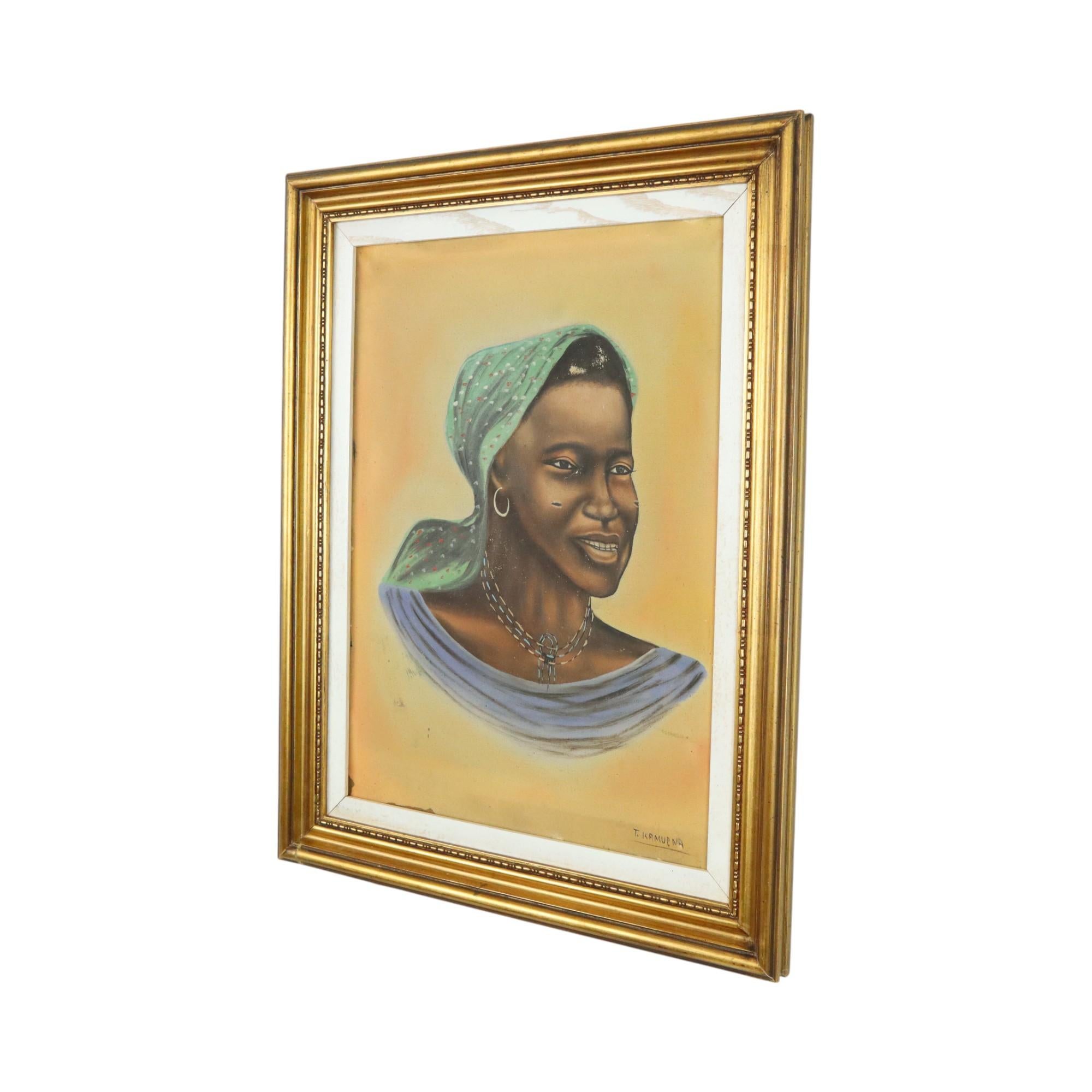 Congolese Authentic Vintage Painting Portrait on Canvas Woman Congo 1958 For Sale