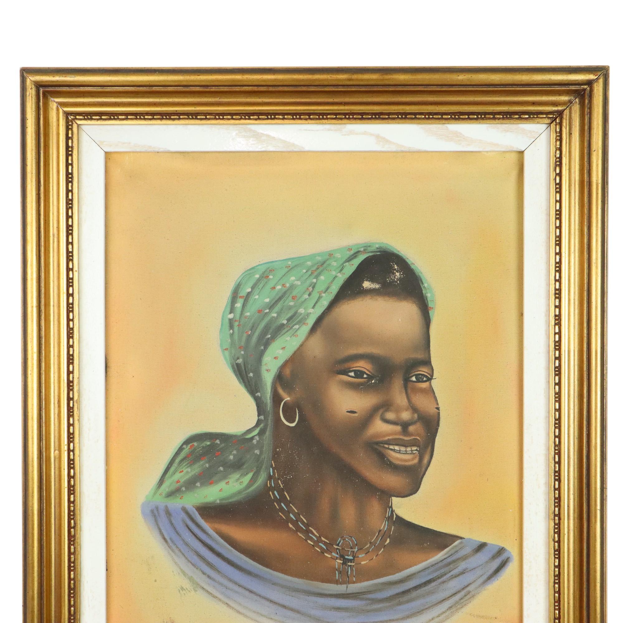 Authentic Vintage Painting Portrait on Canvas Woman Congo 1958 In Fair Condition For Sale In Poperinge, BE