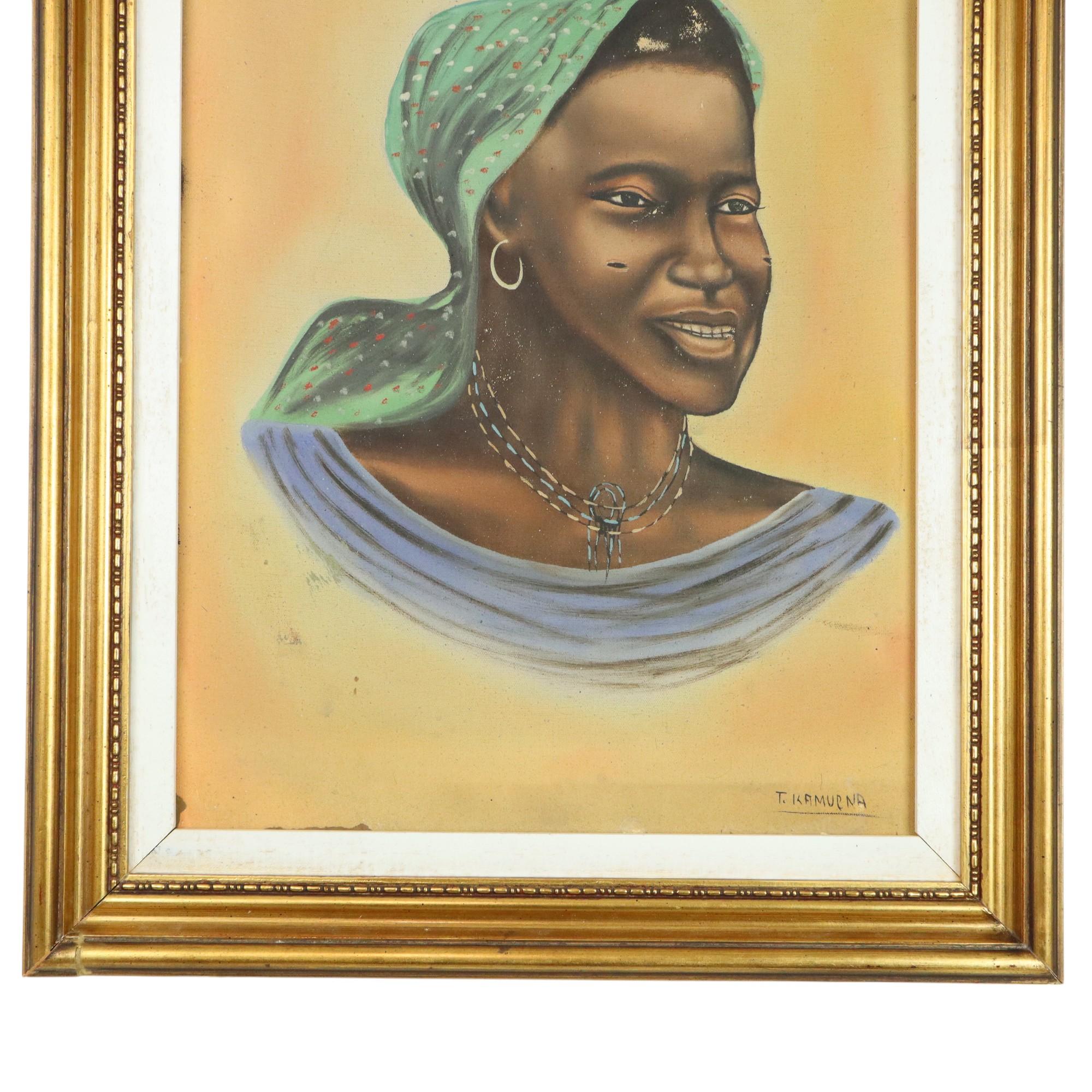 Mid-20th Century Authentic Vintage Painting Portrait on Canvas Woman Congo 1958 For Sale