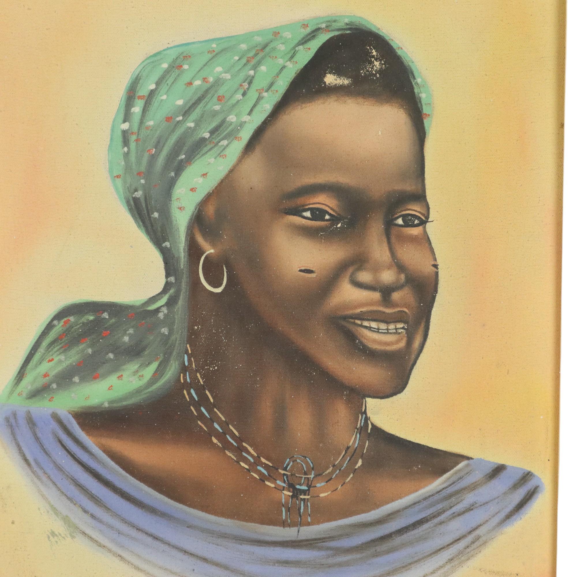 Authentic Vintage Painting Portrait on Canvas Woman Congo 1958 For Sale 1