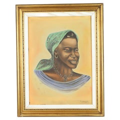Authentic Vintage Painting Portrait on Canvas Woman Congo 1958