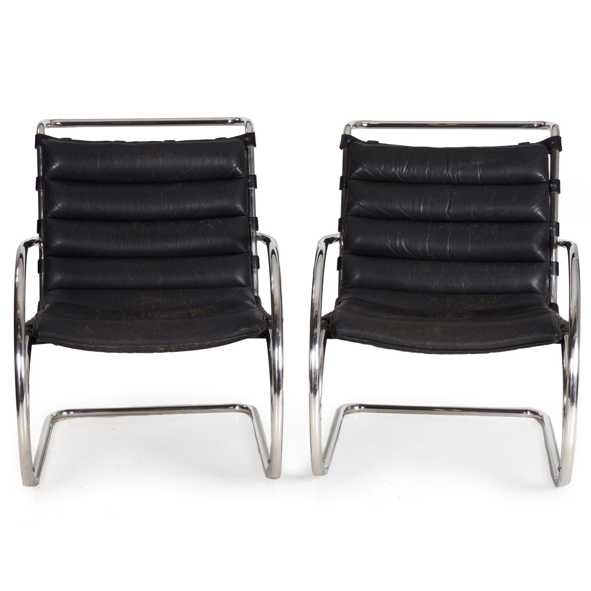 MR BLACK LEATHER AND CHROME STEEL LOUNGE CHAIRS - A PAIR
Designed by Mies van der Rohe for Knoll International, circa last quarter of 20th century  original Knoll labels affixed to the underside
Item # 205WKP14Q 

A very sleek pair of MR lounge